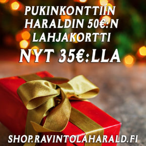 Kuva, jossa on teksti: Pukinkonttiin Haraldin 50€:n lahjakortti nyt 35€:lla. Shop.ravintolaharald.fi